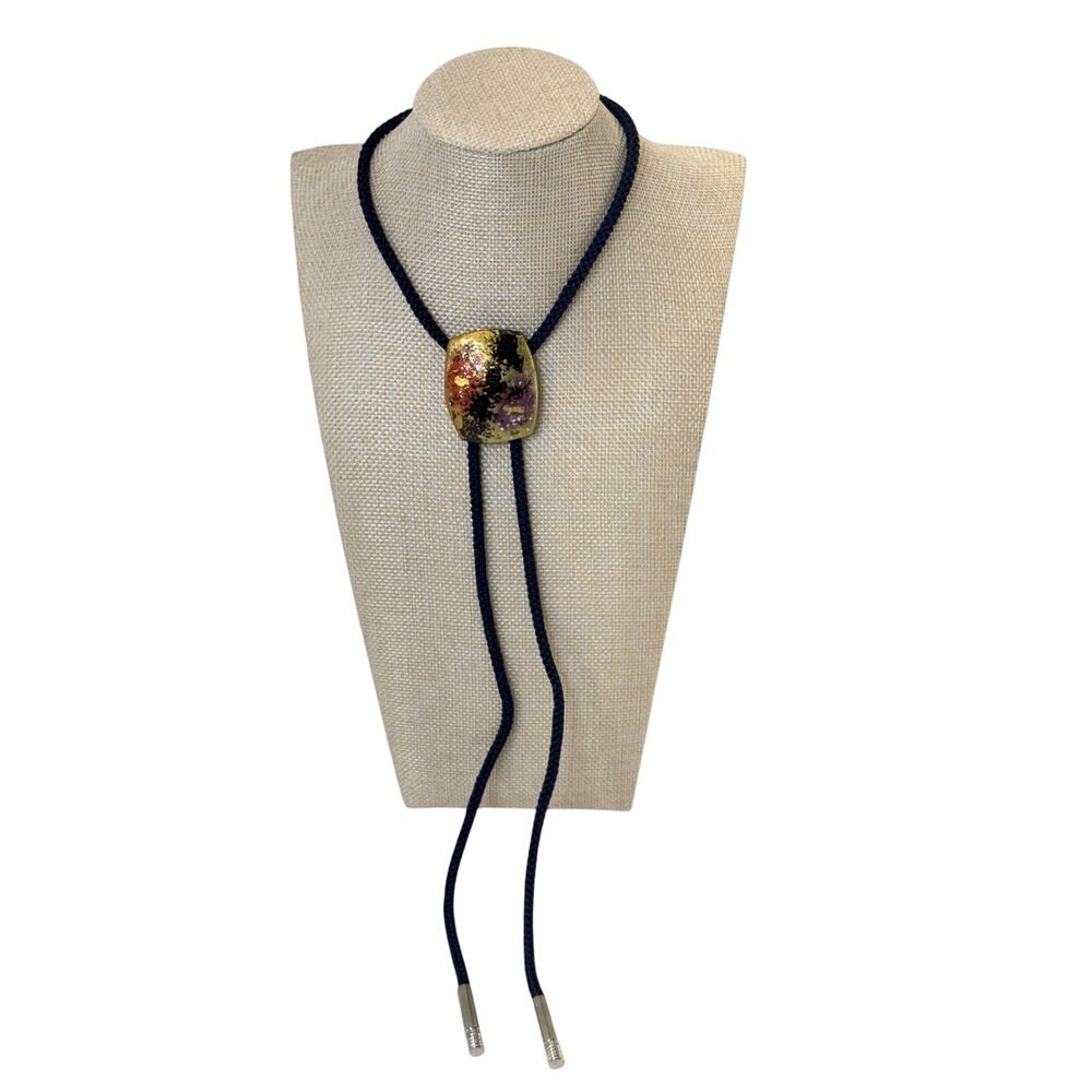 Vintage 90s Adjustable Bolo Necklace Multicolor Slide Pendant Blue Cord